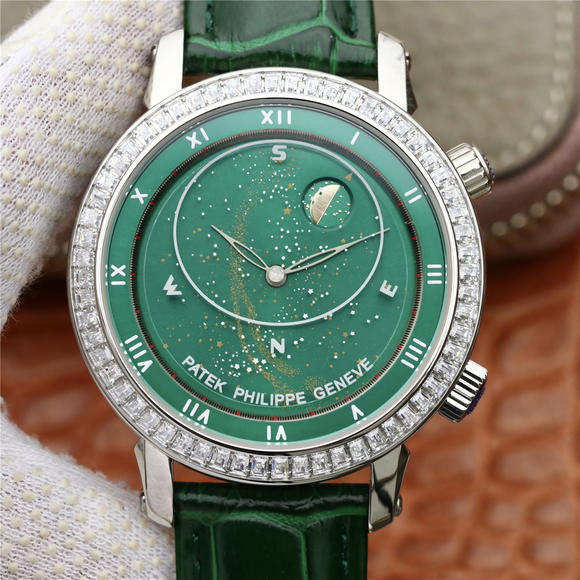 百達翡麗升級版星空5102綠色面，珍珠陀 皮錶帶 自動機械男士腕錶￥4880
