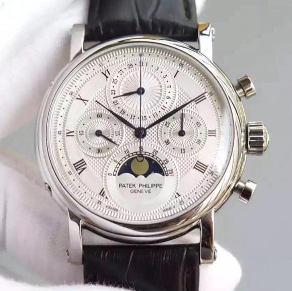 百達翡麗多功能計時腕錶，進口瑞士7750手動上鏈機械機芯 白金款￥5880