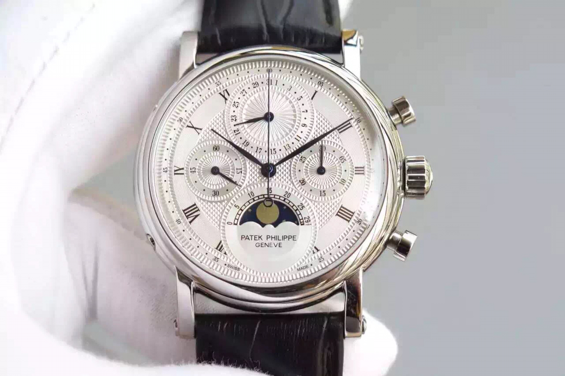 百達翡麗多功能計時腕錶，進口瑞士7750手動上鏈機械機芯 白金款￥5880-高仿百達翡麗
