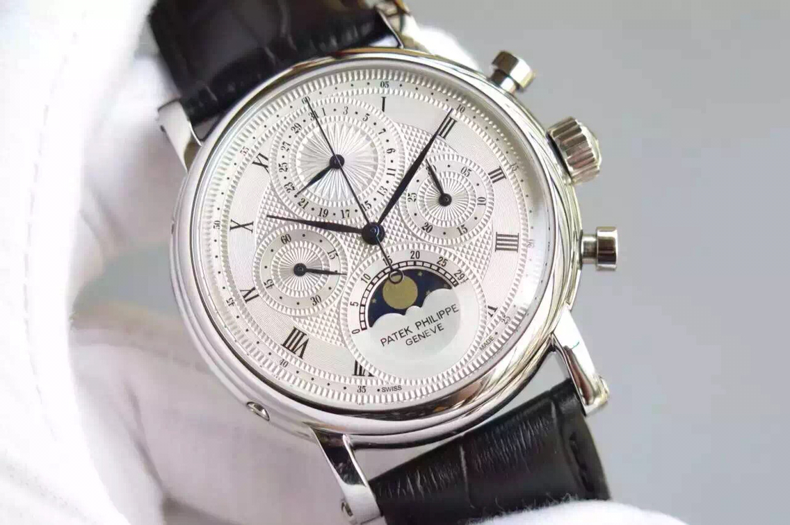 百達翡麗多功能計時腕錶，進口瑞士7750手動上鏈機械機芯 白金款￥5880-高仿百達翡麗