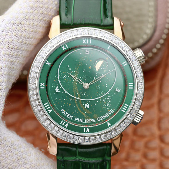 百達翡麗升級版星空5102綠色面，珍珠陀 皮錶帶 自動機械男士腕錶￥4380