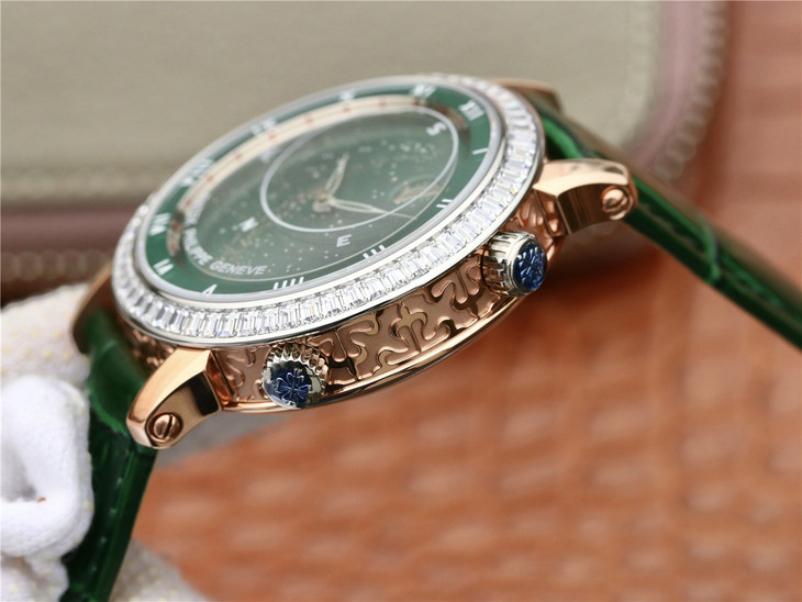 百達翡麗升級版星空5102綠色面，珍珠陀 皮錶帶 自動機械男士腕錶￥4580-高仿百達翡麗